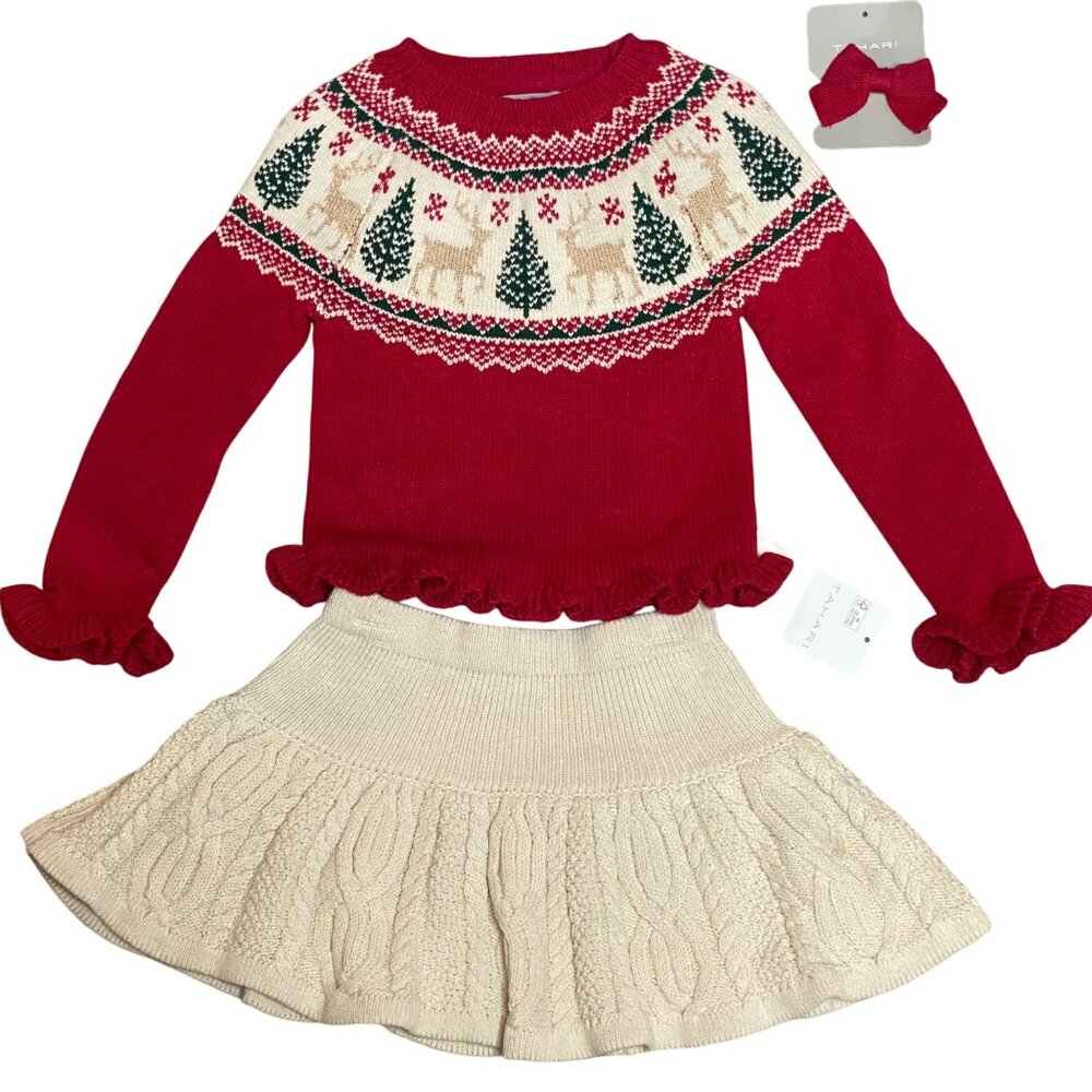 Tahari Girls Sweater & Skirt Set W/ Bow‎ & Tree Design Cable Knit Skirt S 2T NWT